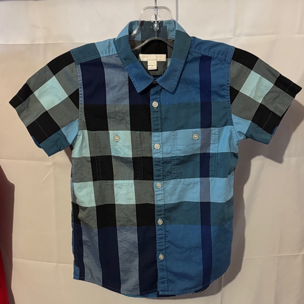 BURBERRY kids Blue Plaid Short Sleeve Shirt